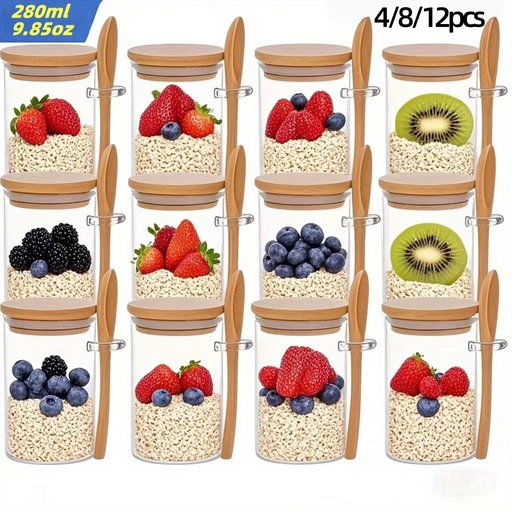 Glass Meal Prep Container - 4/8/12 Buah, Cangkir Sarapan Oatmeal dengan