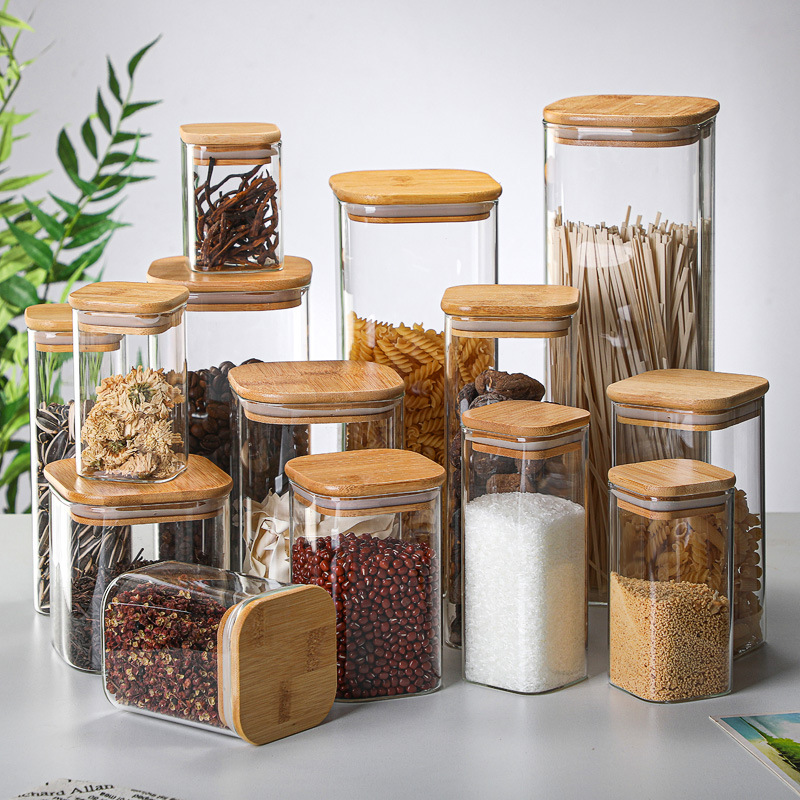 Glass Meal Prep Container - Botol penyimpanan transparan dari kaca bambu,